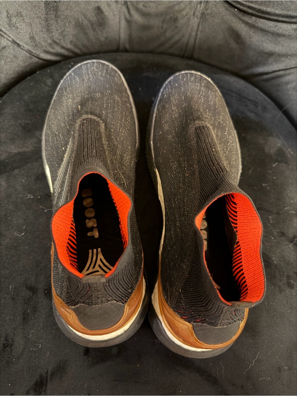 adidas Women's Black Slip-On Knit Sneakers with Orange Interior and Brown Heel